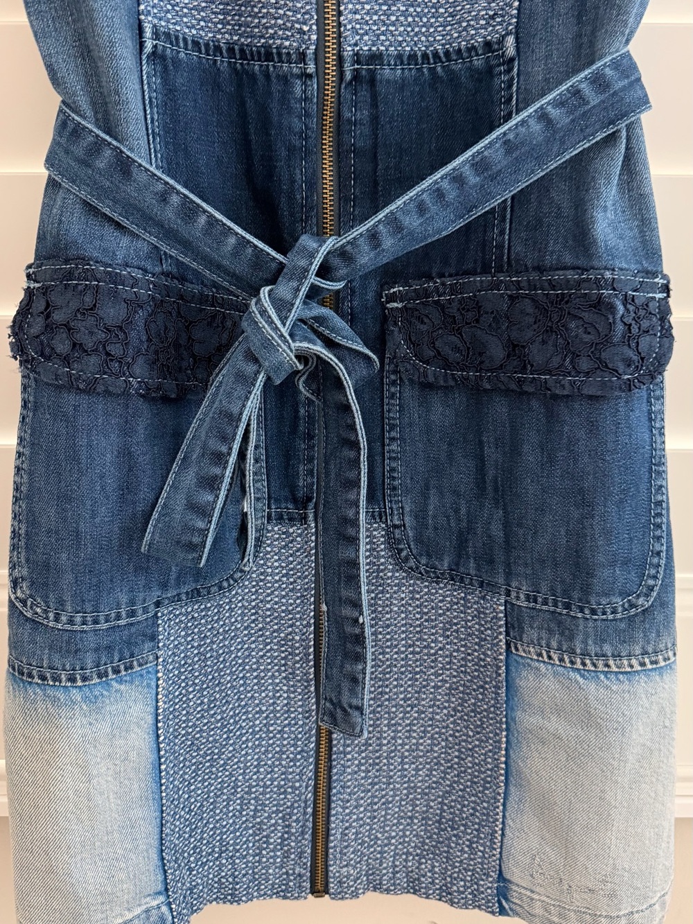 Desigual Blue Patchwork Denim Dress with Waist Tie - Picture 4 of 6